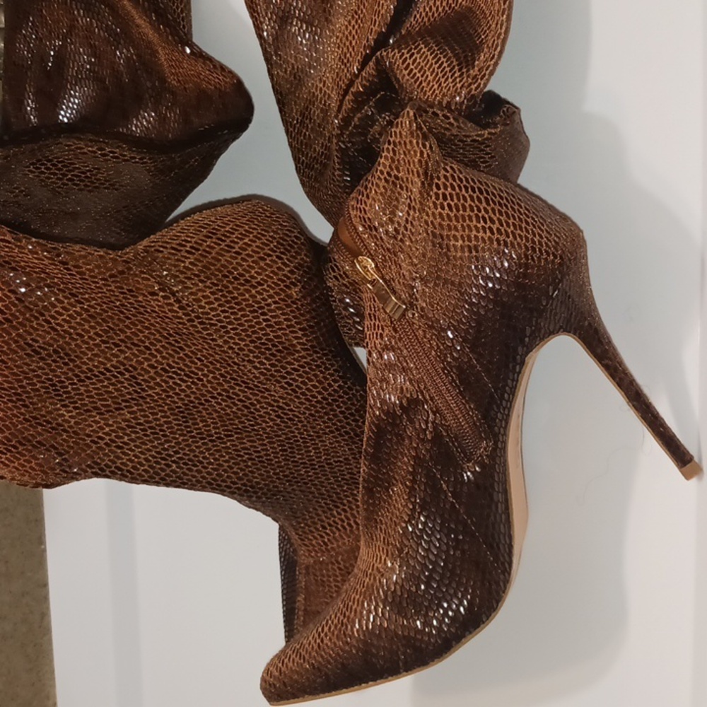 Fashion Nova Brown Snakeskin Pointed Toe Stiletto Boots - Picture 2 of 4